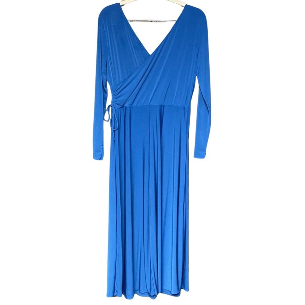 Chadwick’s blue faux wrap dress midi flowy swingy comfortable v-neck size 14 - Picture 2 of 4